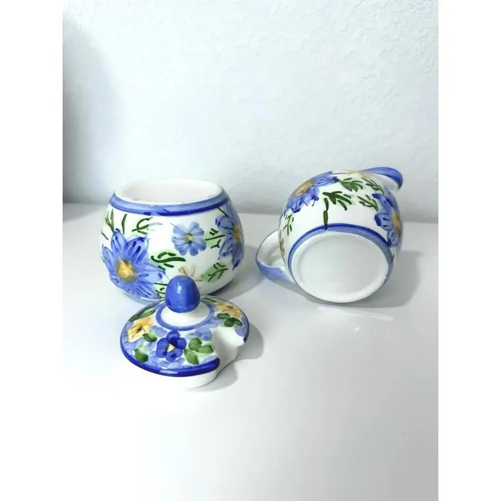 VTG Ceramic Sugar Bowl & Creamer Floral Pattern White Blue & Yellow Italy Made